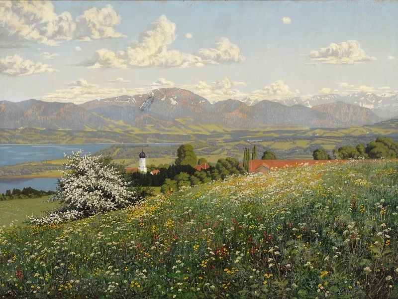 1874-Philipp Graf - Paesaggio in fiore del lago Chiemsee